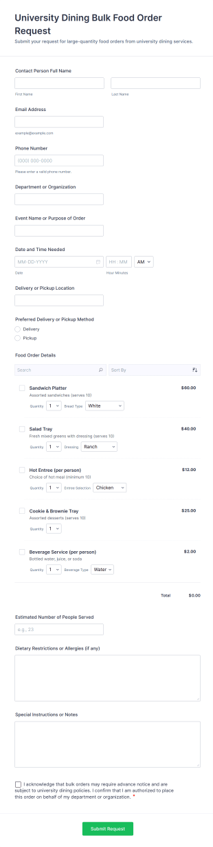 University Dining Bulk Food Order Request Form Template