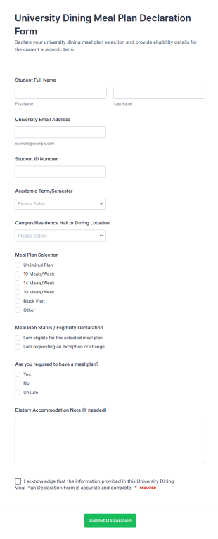 University Dining Meal Plan Declaration Form Template