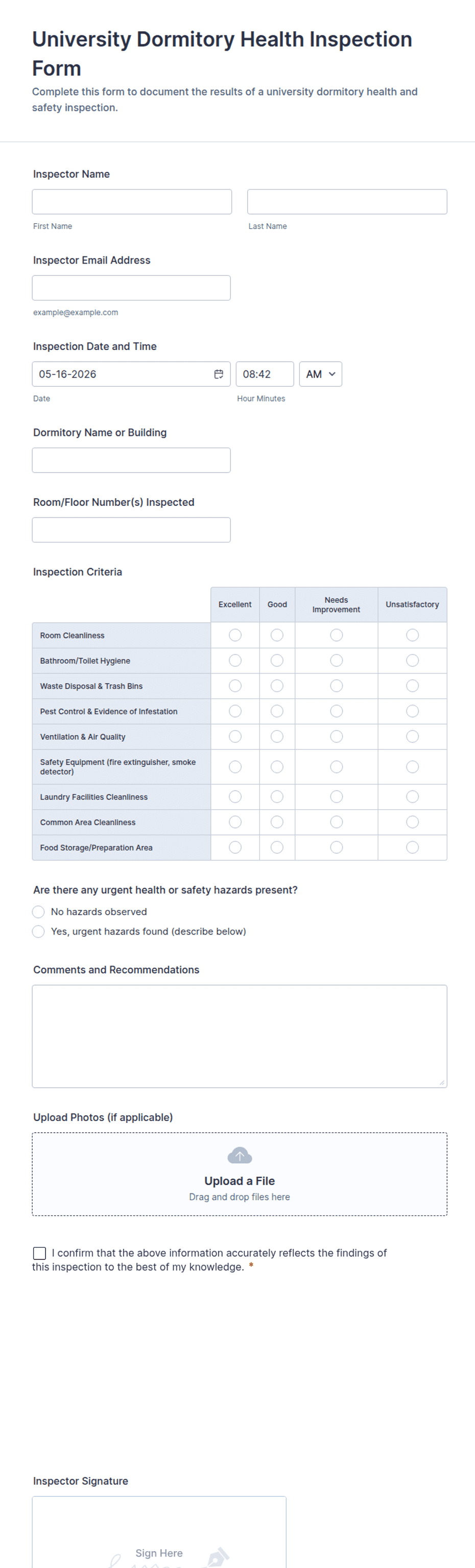 University Dormitory Health Inspection Form Template | Jotform