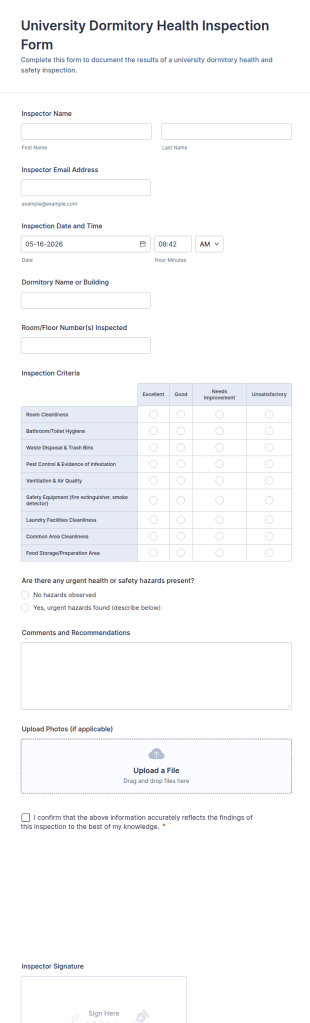 University Dormitory Health Inspection Form Template