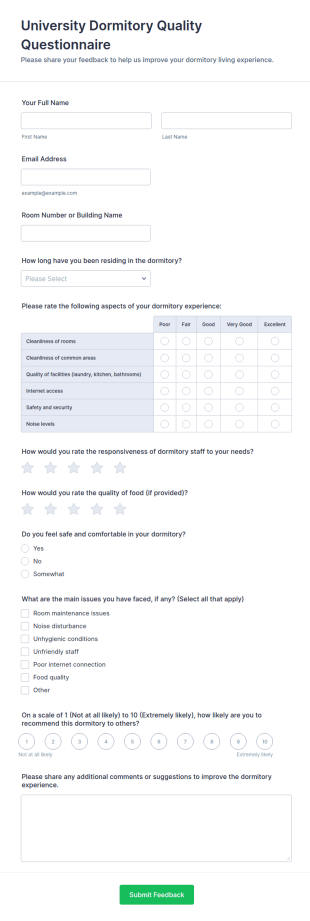 University Dormitory Quality Questionnaire Form Template