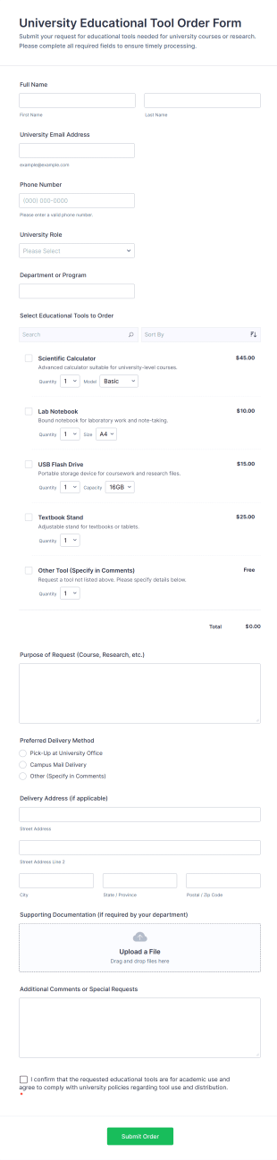 University Educational Tool Order Form Template