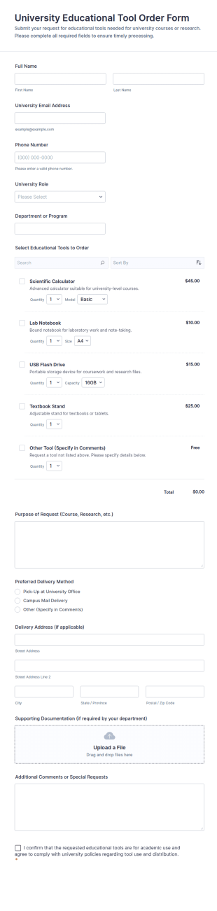University Educational Tool Order Form Template