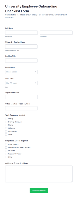 University Employee Onboarding Checklist Form Template