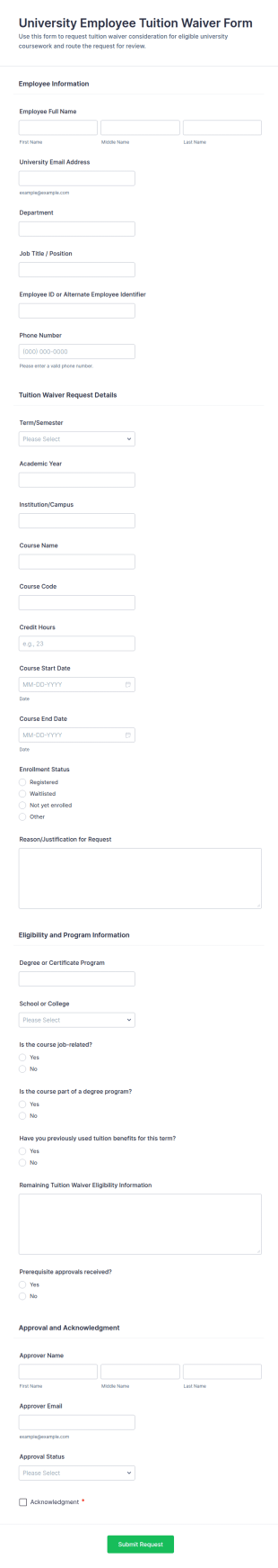 University Employee Tuition Waiver Request Form Template