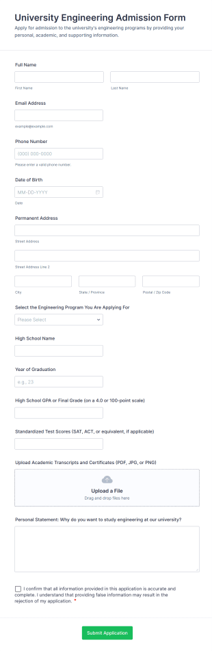 University Engineering Admission Form Template