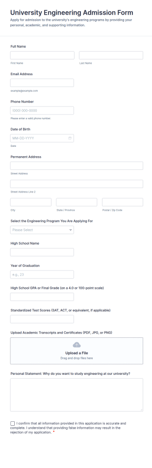 University Engineering Admission Form Template