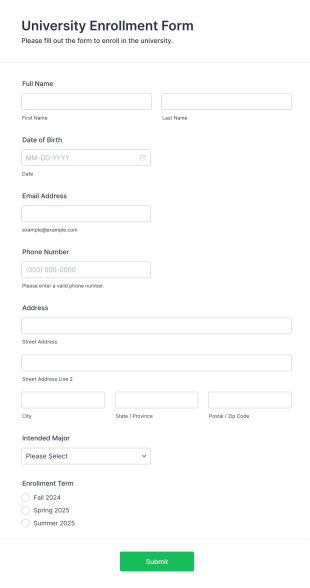University Enrollment Form Form Template