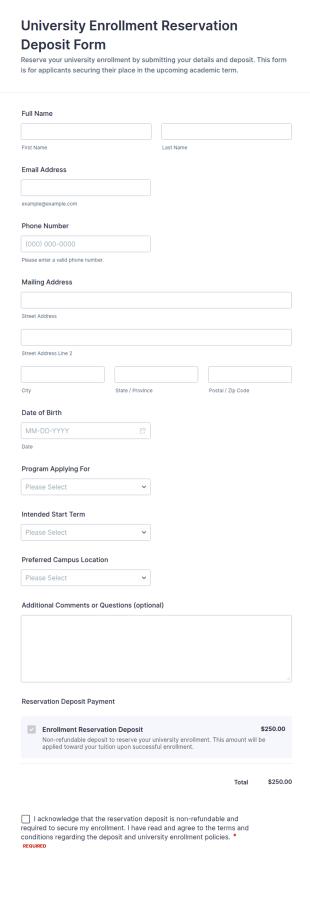 University Enrollment Reservation Deposit Form Template