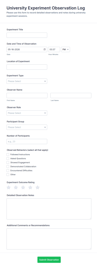 University Experiment Observation Log Form Template