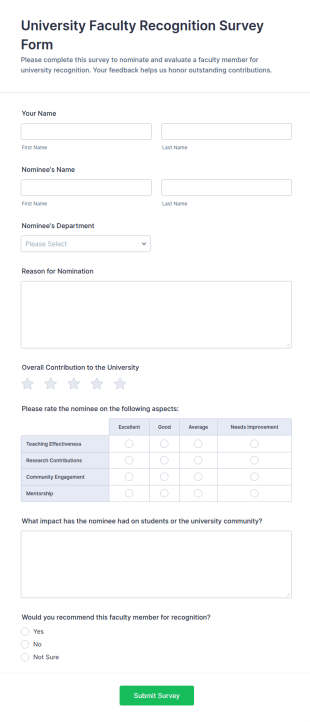 University Faculty Recognition Survey Form Template
