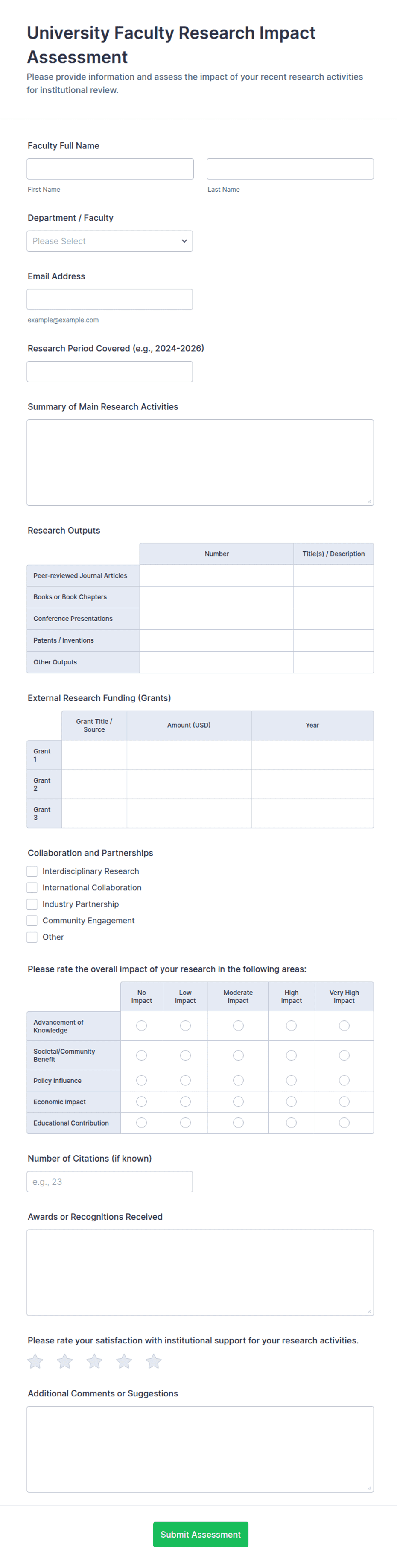 Example Epact Form University Faculty Research Impact Assessment Form Template | Jotform