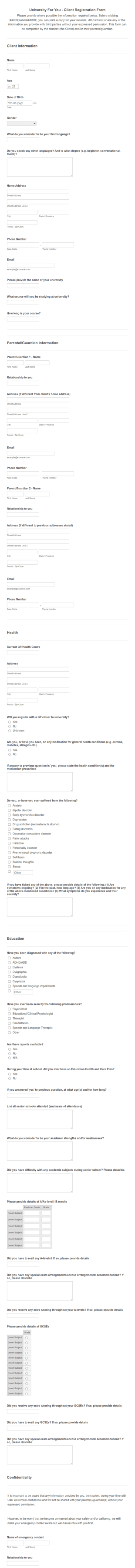 University For You Client Registration Form Template