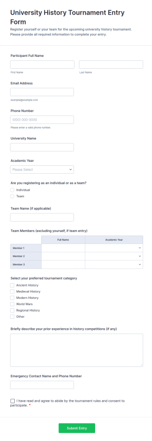 University History Tournament Entry Form Template