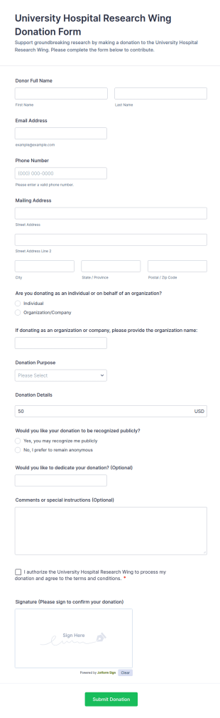 University Hospital Research Wing Donation Form Template