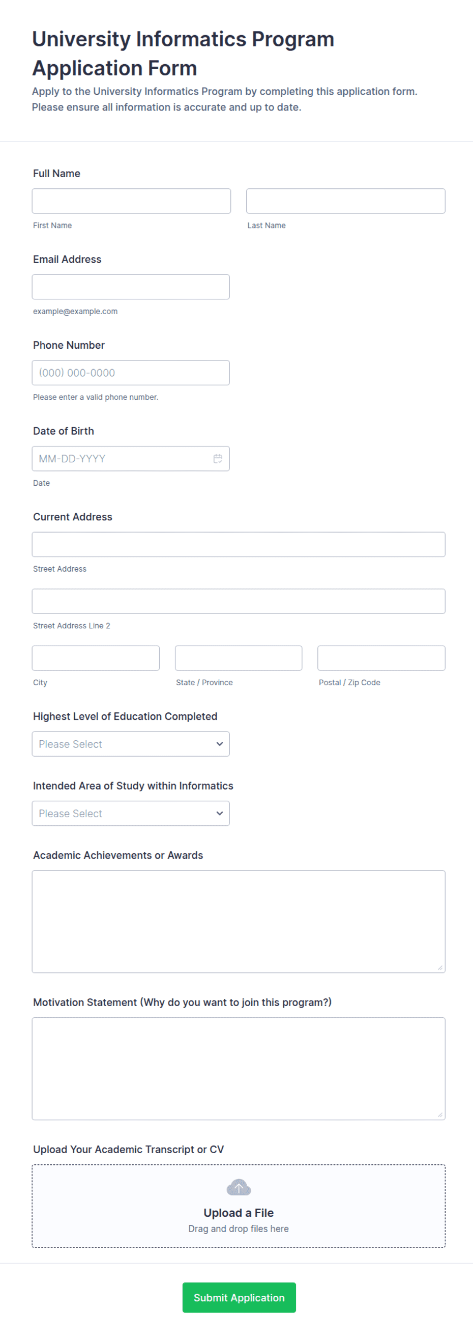 University Informatics Program Application Form Template | Jotform