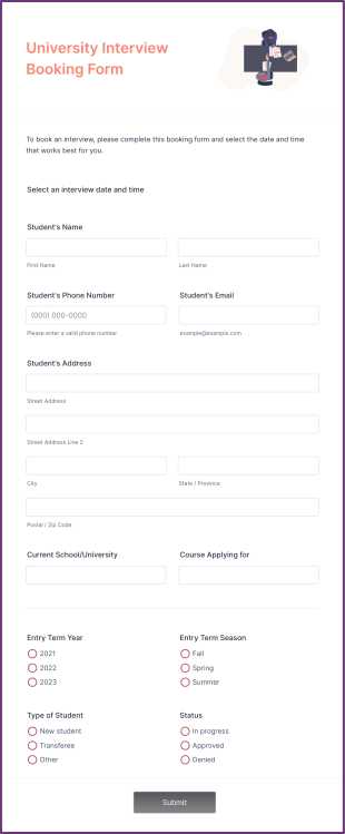 University Interview Booking Form Template