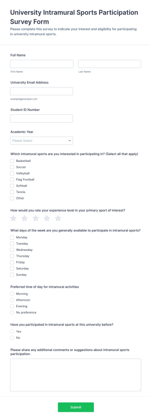 University Intramural Sports Participation Survey Form Template