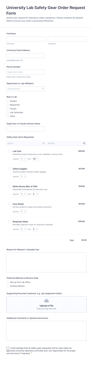 University Lab Safety Gear Order Request Form Template