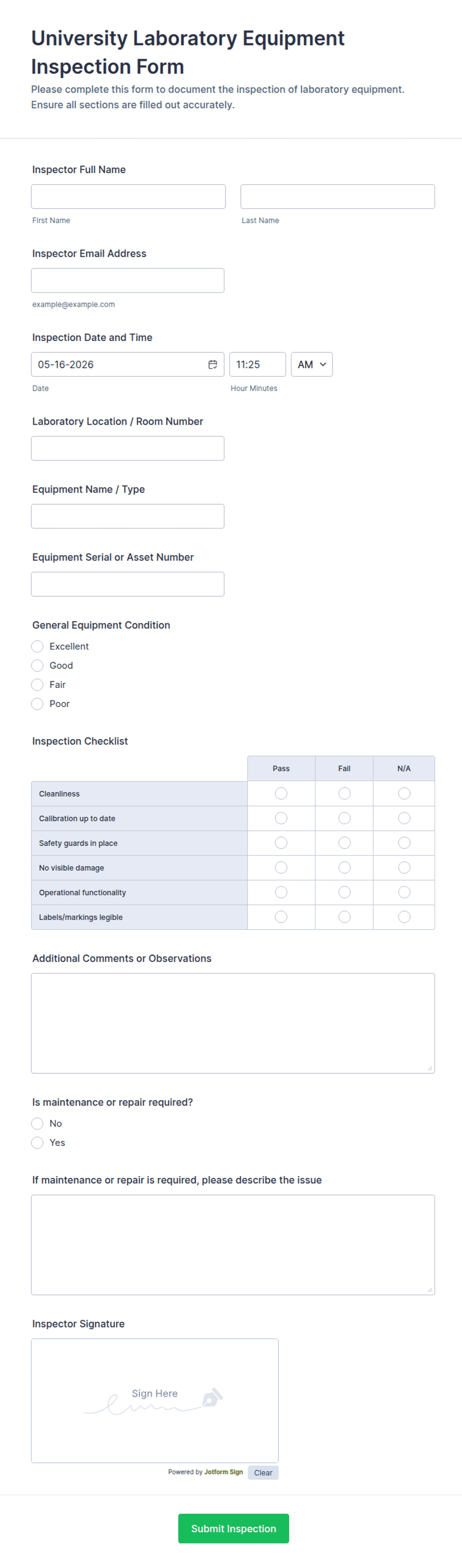 University Laboratory Equipment Inspection Form Template | Jotform