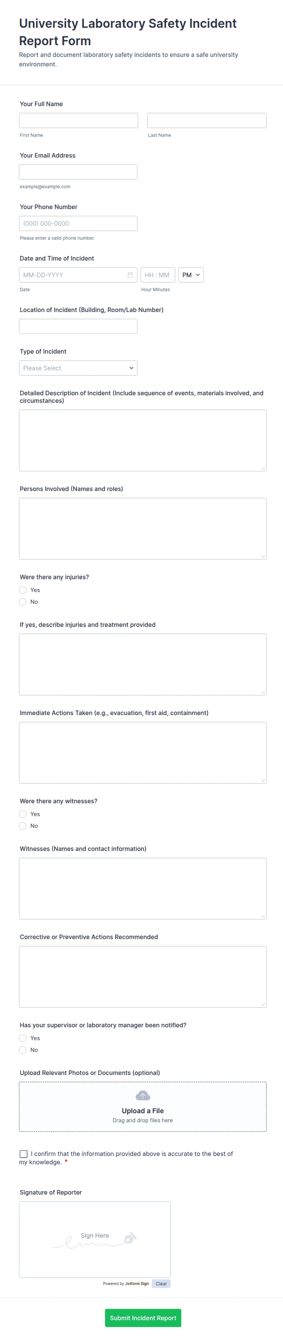 University Laboratory Safety Incident Report Form Template | Jotform