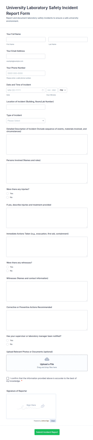 University Laboratory Safety Incident Report Form Template