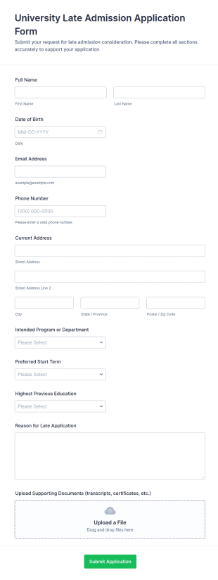 University Late Admission Application Form Template