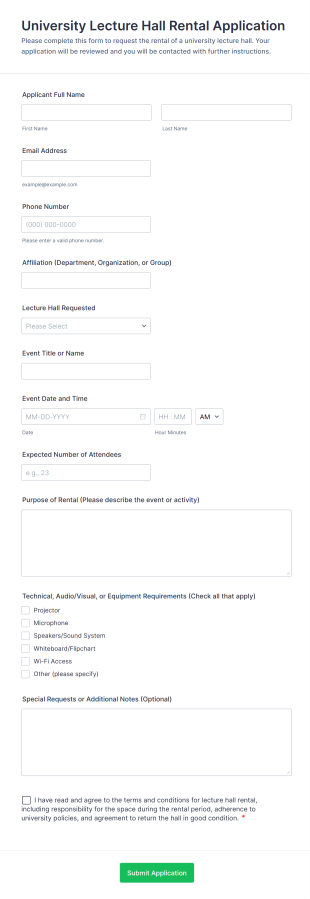 University Lecture Hall Rental Application Form Template