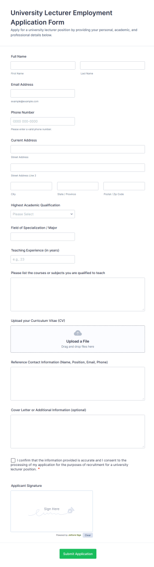 University Lecturer Employment Application Form Template