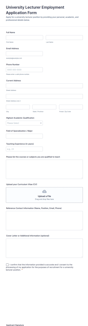 University Lecturer Employment Application Form Template