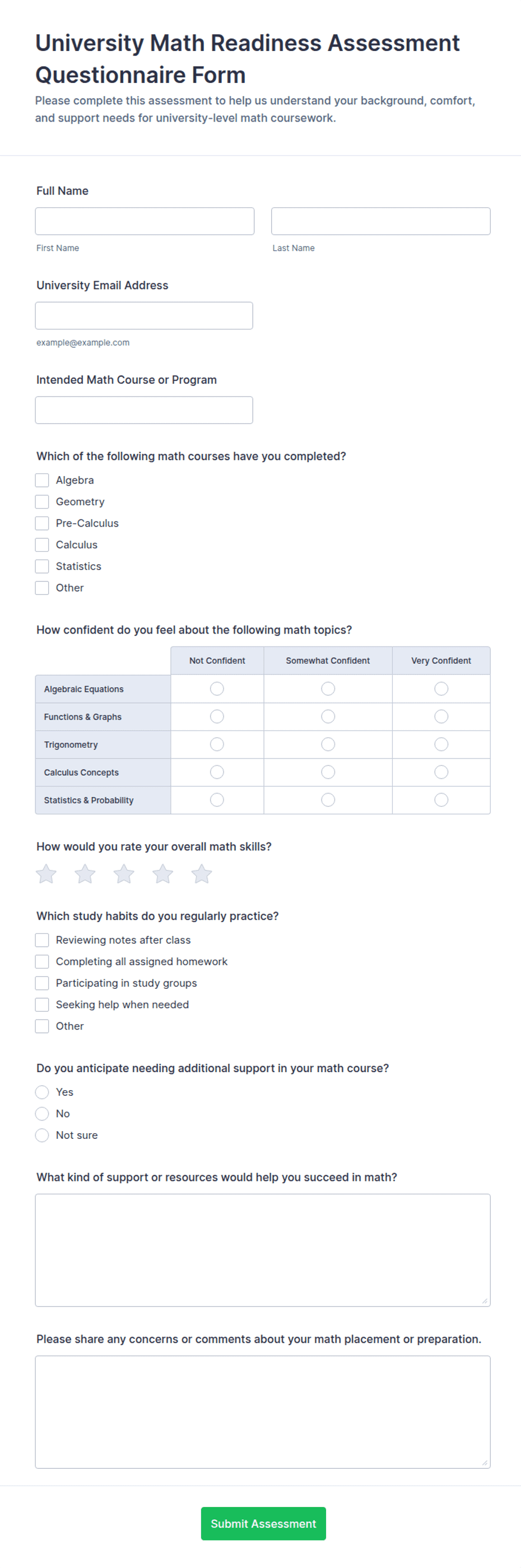 University Math Readiness Assessment Form Template | Jotform