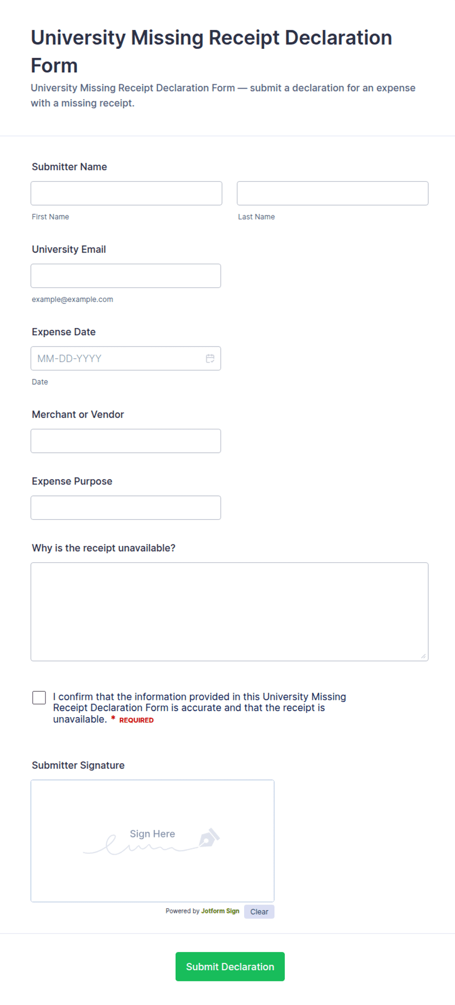 University Missing Receipt Declaration Form Template | Jotform