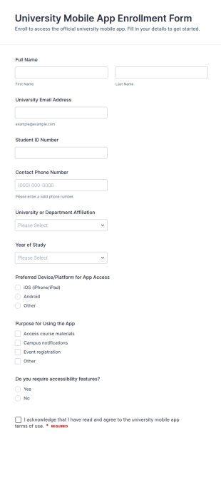 University Mobile App Enrollment Form Template