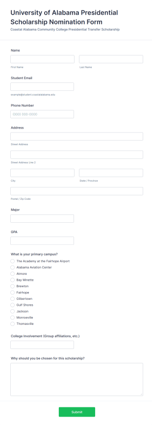 University Presidential Scholarship Nomination Form Template