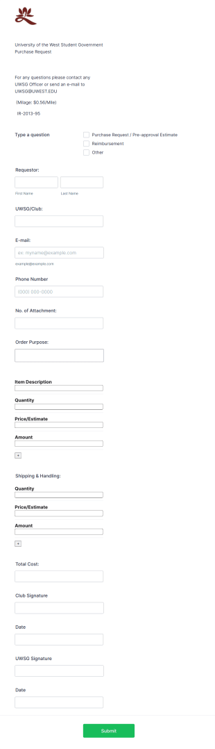 Student Government Purchase Request Form Template
