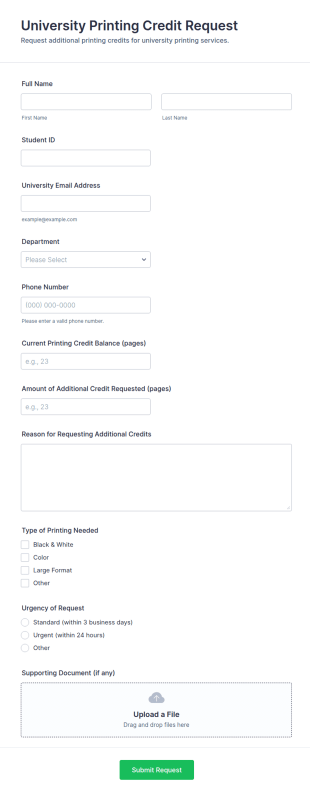 University Printing Credit Request Form Template