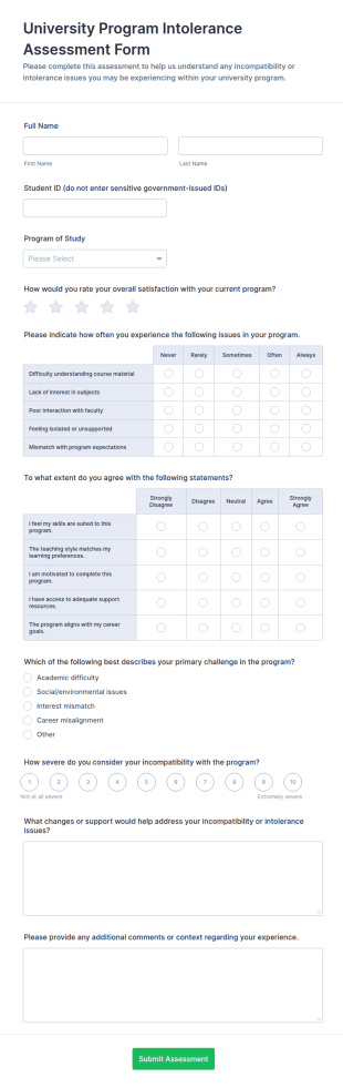 University Program Intolerance Assessment Form Template