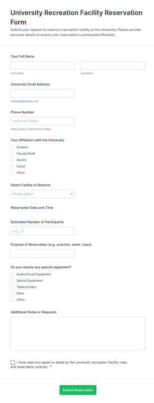 University Recreation Facility Reservation Form Template