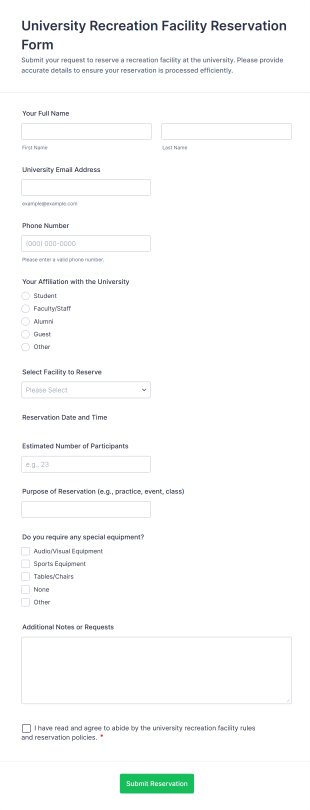 University Recreation Facility Reservation Form Template