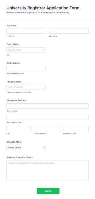 University Registrar Application Form Form Template