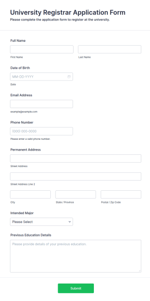 University Registrar Application Form Template
