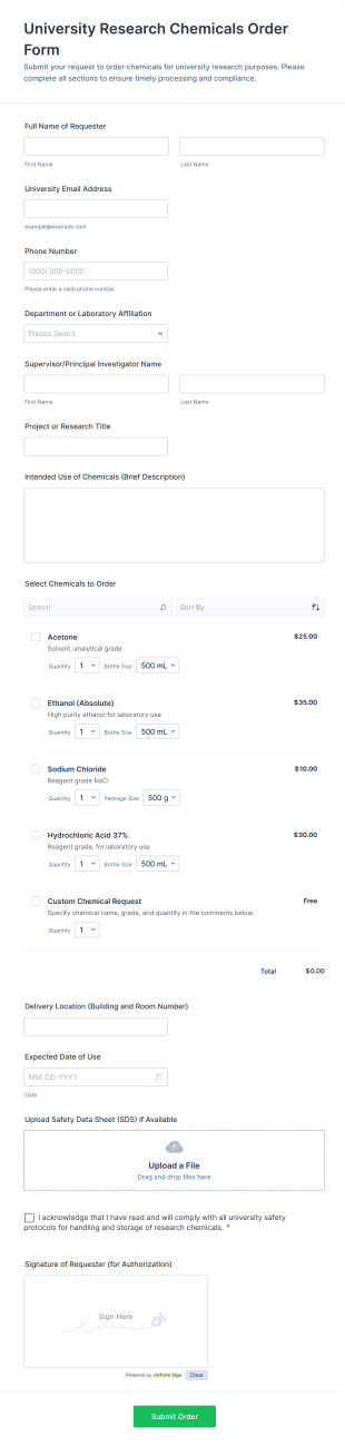 University Research Chemicals Order Form Template