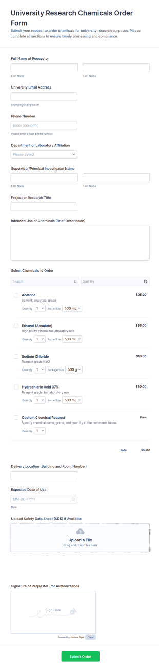 University Research Chemicals Order Form Template