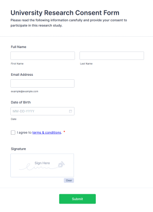 University Research Consent Form Form Template