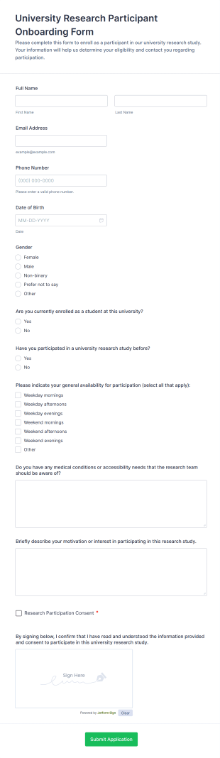 University Research Participant Onboarding Form Template