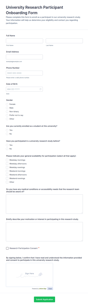 University Research Participant Onboarding Form Template