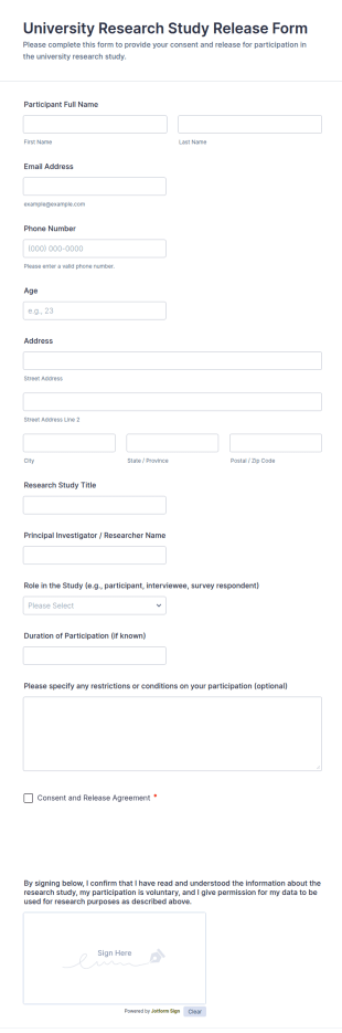 University Research Study Release Form Template