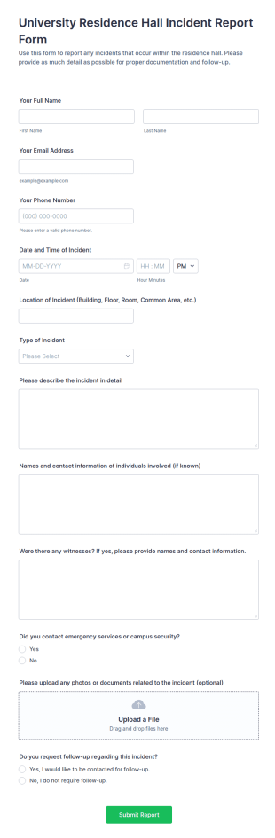University Residence Hall Incident Report Form Template