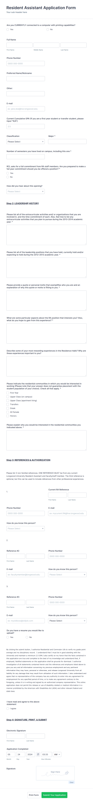 University Resident Assistant Application Form Template