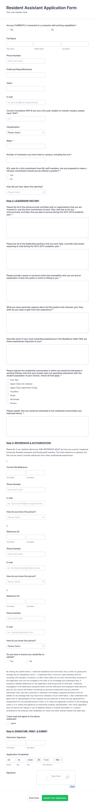 University Resident Assistant Application Form Template